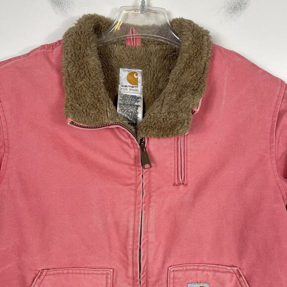 Vintage Carhartt Barn Coat Jacket Womens L Pink Sherbet Sherpa Lined Chore WJ022 - Picture 4 of 15
